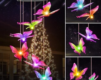 Solar Butterfly Wind Chimes for Outdoor, Women Gifts for Christmas Decorations Outside Lights Hanging Mobile Decor for Garden Patio