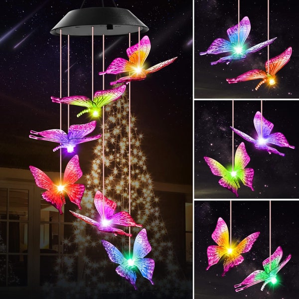 Solar Butterfly Wind Chimes for Outdoor, Women Gifts for Christmas Decorations Outside Lights Hanging Mobile Decor for Garden Patio