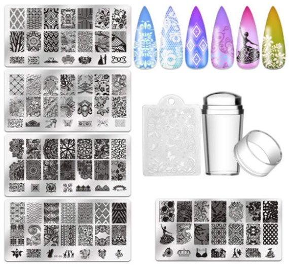 5pcs Nail Stamping Plates 1 Stamper 1 Scraper Lace Flower Animal Pattern  Nail Art Stamp Stamping Template Image Plate Nail Art Stamper 