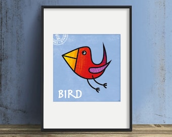 Cute animal Art Print / Colorful Bird / Cheerful Illustration / Happy Bird Wall Art /Square print Animal / Kids Room Bright Decor Printable.