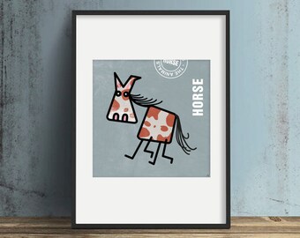 Horse Art Print, Cute Animal / Animal Farm Wall Art / Pony Illustration / Cheerful Horse / Instant Download / Nursery Wall Art / Happy Horse