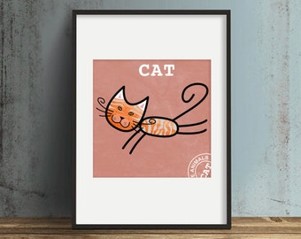 Cute Cat Wall Art / kitten Art Print / Cheerful Pink Cat print / Square download / Art for Baby Girl Room / Happy Cat / Fun Animal.
