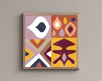 Bohemian Square Art / Ethnic Picture / Square Print Boho Chic / Wall Art Burgundy / Ethnic Artwork / Square Art Print