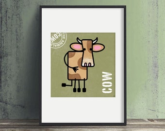 Vache mignonne, affiche de ferme, illustration mignonne, image carrée, nature, chambre pour enfants, téléchargement instantané