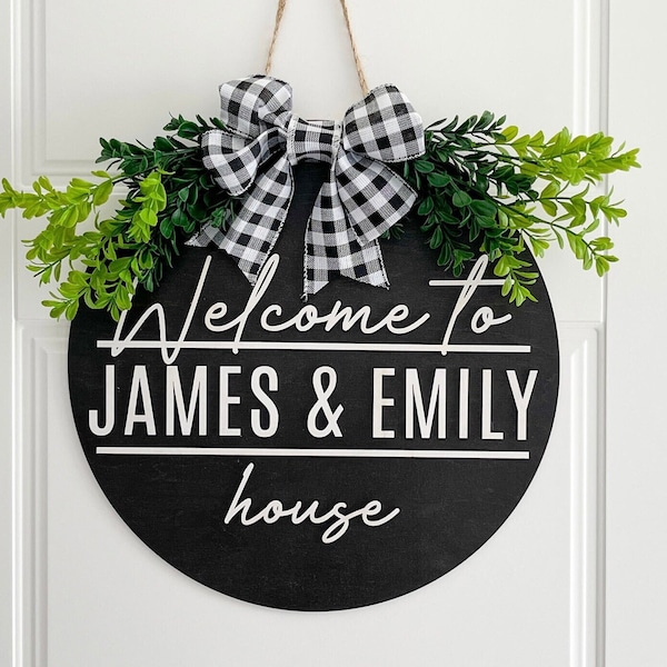 Custom Welcome Door Sign, Front door decor, Wood door hanger sign wreath, Wooden door hanger, Personalized wreath for front door