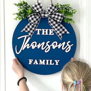 Personalized custom wooden welcome family name front round door sign, hanger, wreath - Decor for home, entry way, porch, housewarming gift