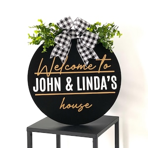 Personalized custom wooden welcome family name front round door sign, hanger, wreath - Decor for home, entry way, porch, housewarming gift