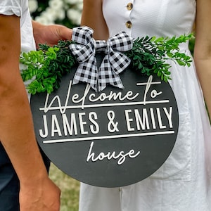 Custom Welcome Wood Door Sign, Hanger - Personalized Housewarming, Wedding, Engagement, Couples, Newlywed gift, Family last name sign, decor