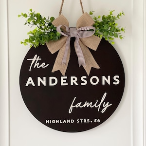 Personalized custom wooden welcome family name front round door sign, hanger, wreath - Decor for home, entry way, porch, housewarming gift