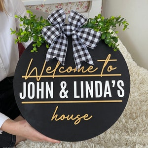 Grinalda da porta da frente, cabide de porta, placa de nome personalizada, placa de nome de madeira para decoração de parede, porta da frente com nome, presente personalizado, placa de família redonda personalizada
