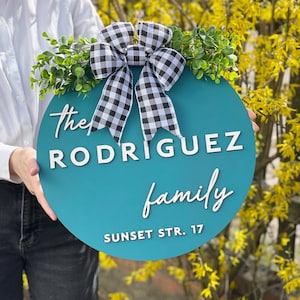 Decor for home, entry way, porch, housewarming gift - Custom personalized wooden welcome family name front round door sign, hanger, wreath