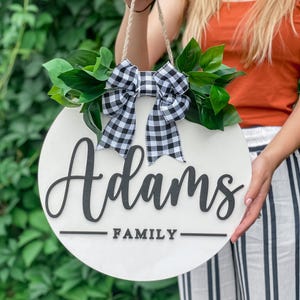 Personalized custom wooden welcome family name front round door sign, hanger, wreath - Decor for home, entry way, porch, housewarming gift