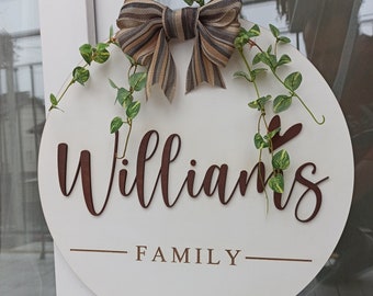 Personalized family door sign, Last name sign, Custom wooden welcome front door sign, wreath, hanger, Family door hanger