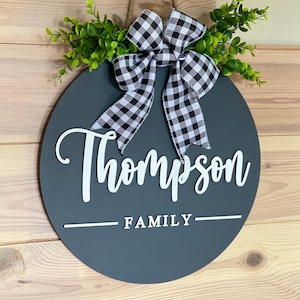 Decor for home, entry way, porch, housewarming gift - Custom personalized wooden welcome family name front round door sign, hanger, wreath