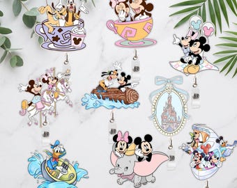 Gepersonaliseerde badgehouder met Mickey en vrienden-thema en strik, Disneyland Magic Castle, uitschuifbare ID-badgehouder