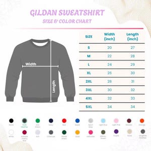 Op de afbeelding: Maat- en kleurentabel voor Gildan sweatshirts. De tabel toont de afmetingen in inches voor de maten S t/m 5XL. Kleuropties zijn zwart, donkergrijs, Iers groen, marine, rood, koninklijk, sportgrijs, lichtblauw, lichtroze, kastanjebruin en oranje.