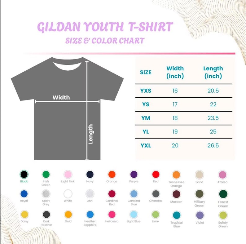 Op de afbeelding: Een Gildan Youth T-Shirt maat- en kleurenkaart. De kaart toont de breedte en lengte in inches voor de maten YXS (16x20,5), YS (17x22), YM (18x23,5), YL (19x25) en YXL (20x26,5). Kleuropties zijn onder meer zwart, marineblauw en oranje.
