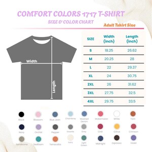 Op de afbeelding: Een maat- en kleurentabel voor Comfort Colors 1717 T-shirts. De tabel toont de breedte- en lengtematen in inches voor de maten S t/m 4XL. Een kleurenpalet toont verschillende shirtkleuren, waaronder zwart, marineblauw en wit.
