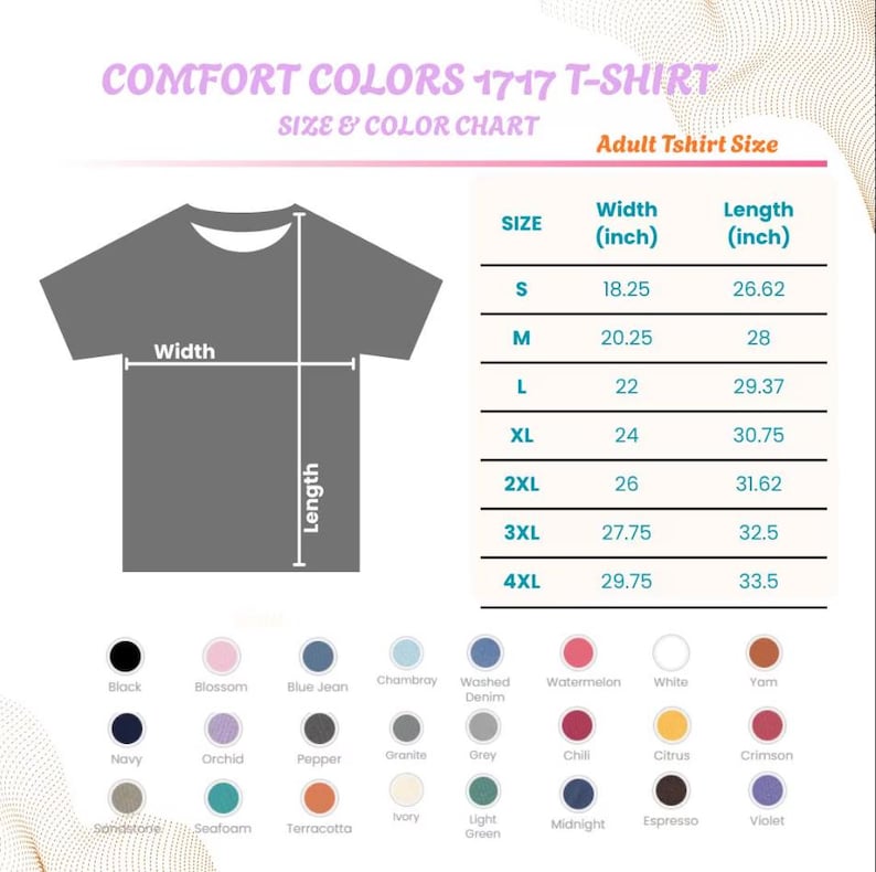 Op de afbeelding: Een maat- en kleurentabel voor Comfort Colors 1717 T-shirts. De tabel toont de breedte- en lengtematen in inches voor de maten S t/m 4XL. Een kleurenpalet toont verschillende shirtkleuren, waaronder zwart, marineblauw en wit.