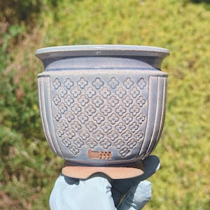 May include: A blue ceramic planter with a floral pattern and a brown base. The planter has a wide rim and a textured surface. The design includes vertical lines and a repeating flower motif. The planter is held by a gloved hand.