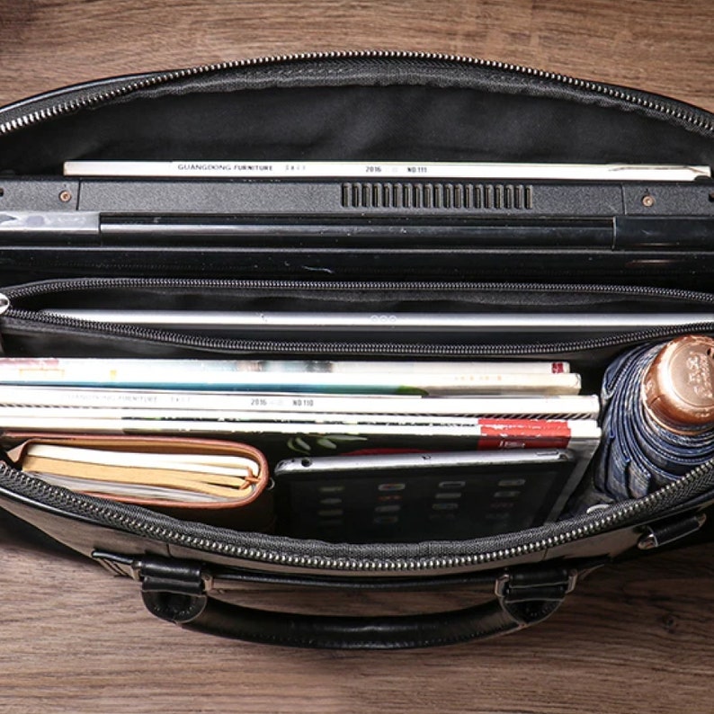 Porte-documents en cuir fait main, sac pour ordinateur portable en cuir noir, sac d'affaires et de travail de haute qualité image 7
