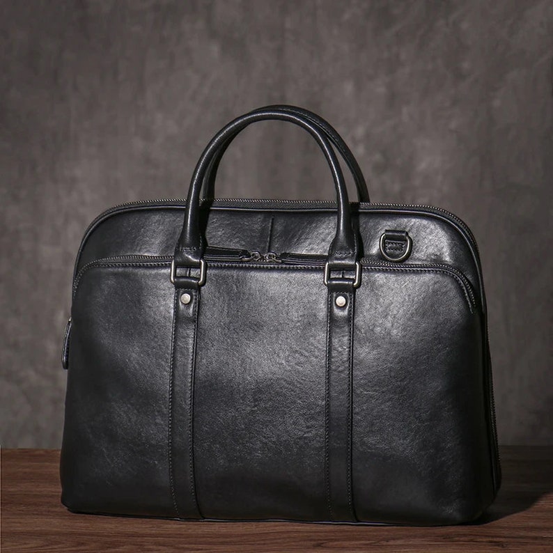Porte-documents en cuir fait main, sac pour ordinateur portable en cuir noir, sac d'affaires et de travail de haute qualité image 1