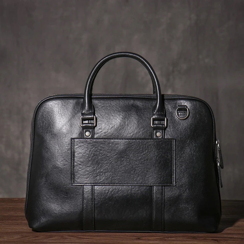 Porte-documents en cuir fait main, sac pour ordinateur portable en cuir noir, sac d'affaires et de travail de haute qualité image 2