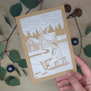 Weihnachtskarte Schlittenfahrt | Handgefertigter Linolschnitt | Adventswinter Motiv | Grußkarte mit Umschlag