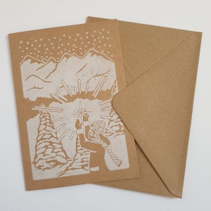 Carte de Noël Étoile dans la neige | Linogravure faite main | Scène hivernale de l'Avent | Carte de voeux avec enveloppe