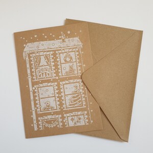 Weihnachtskarte Licht an jedem Fenster | Handgefertigtes Linolschnitt Design | Advent Winter Motiv | Grusskarte mit Umschlag