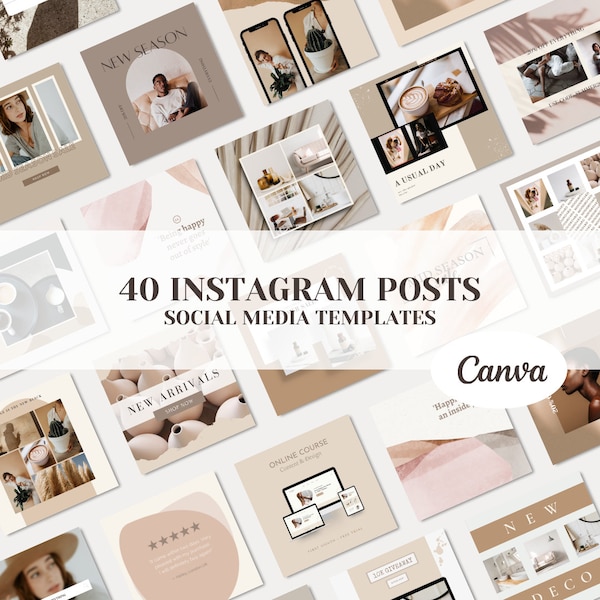 40 Instagram Posts | Templates for Bloggers | Social Media Template Bundle | Branding Pack for Instagram | Canva Templates | Neutral | Brown