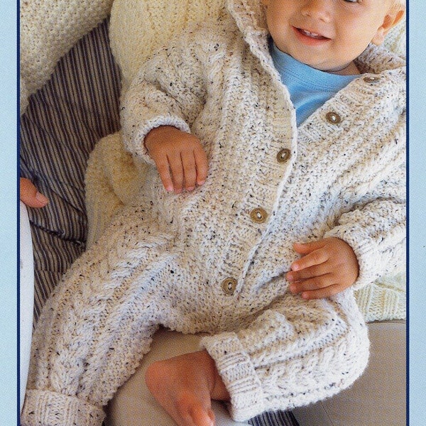 Aran 10-ply Knit Baby Boy Girl All-in-One Suit and Sleep Bag - 0-3, 3-6, 6-12M, 1-2y - Vintage Knitting Pattern - PDF file only
