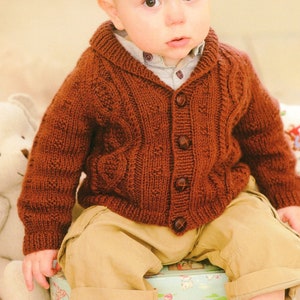 Boy's Knit Brown Shawl-Collar Jacket, V-neck Cardi  - 0-6-12M, 1-2y - 2-3y - 4-5y - 6-7y - Vintage Knitting Pattern - PDF file only