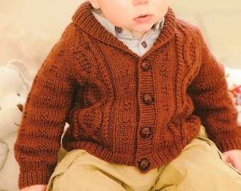 Boy's Knit Brown Shawl-Collar Jacket, V-neck Cardi  - 0-6-12M, 1-2y - 2-3y - 4-5y - 6-7y - Vintage Knitting Pattern - PDF file only