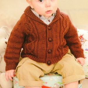 Boy's Knit Brown Shawl-Collar Jacket, V-neck Cardi  - 0-6-12M, 1-2y - 2-3y - 4-5y - 6-7y - Vintage Knitting Pattern - PDF file only