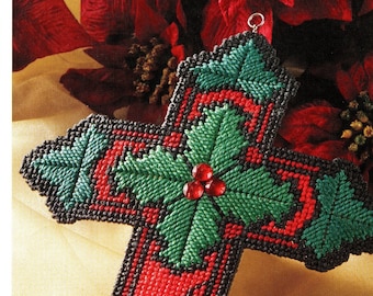 Red Green Cross with Mistletoe Holly Berries - Plastic Canvas Project Intermediate Skill - Christmas Hanging Ornament -  PDF file only
