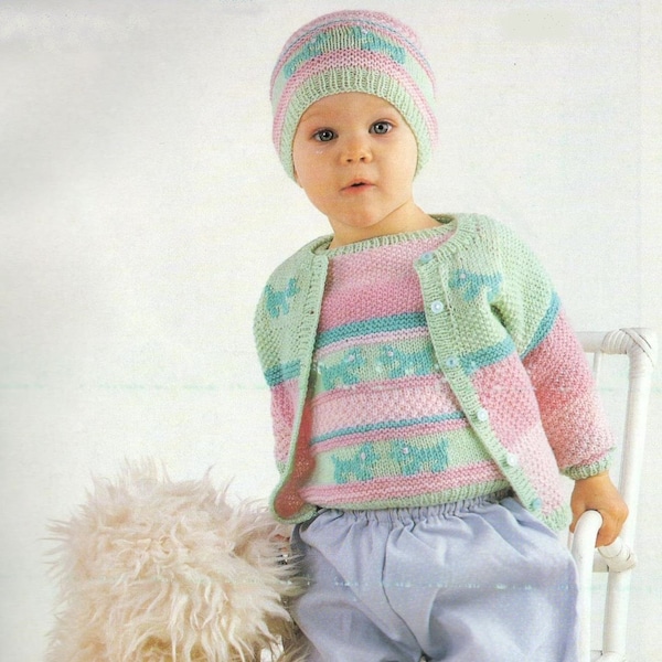 Ensemble motif chiot avec rayures - cardigan pull chapeau bottines - bébé garçon fille - 3-6-9-12 mois - modèle de tricot VINTAGE - fichier PDF uniquement
