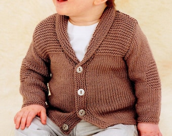 Baby Boy's Knit V-neck Shawl Collar Cardigan Elbow Pads - 0-6, 6-12M, 1-2y, 2-3y - Vintage Knitting Pattern - PDF file only