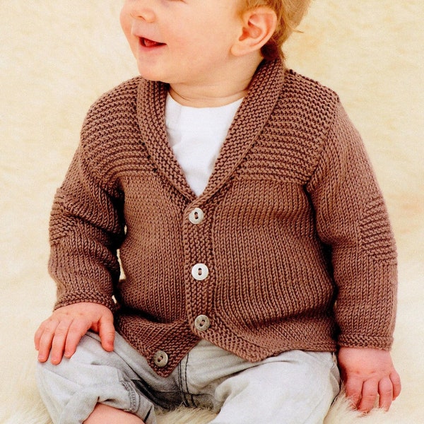 Baby Boy's Knit V-neck Shawl Collar Cardigan Elbow Pads - 0-6, 6-12M, 1-2y, 2-3y - Vintage Knitting Pattern - PDF file only