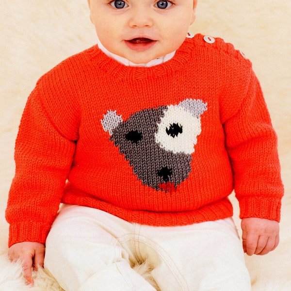 Baby Boy's Knit Puppy Dog Motif Sweater Intarsia - 0-6, 6-12M, 1-2y, 2-3y - Vintage Knitting Pattern - PDF file only