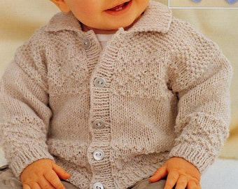 DK 8-ply Knit Boy's Toddler Kids Sweater, Cardigan w/ Collar- 0-3-6-12M, 1-2y - 3-4y - 5-6y - Vintage Knitting Pattern - PDF Only