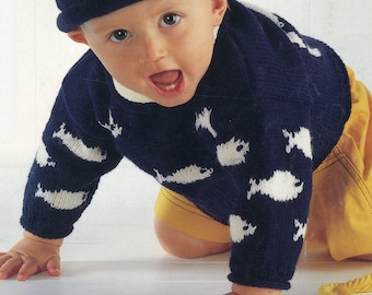 Baby Knit Fish Sweater - 0-3, 3-6, 6-12M, 1-2y - 3-4y - 5-6y - Vintage Knitting Pattern - PDF file only