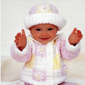 Baby Girl Flower Daisy Jacket Hat Blanket - White Pink Yellow - 3-6 6-12 m; 1-2y 3-4y 5-6y - Vintage Knitting Pattern - PDF file only