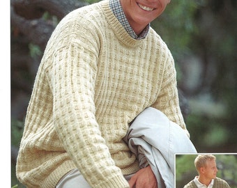 Knit Mens Sweater Pullover Round or V-Neck - 38-40-42-44-46-48 inches  - Vintage Knitting Pattern - PDF file only