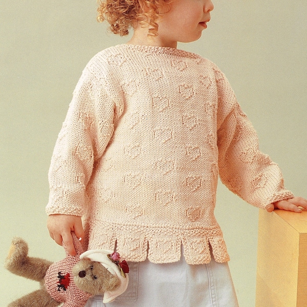 Baby Girl Hearts Knit Sweater or Cardigan Textured - 0-3, 6-9 months, 1-2, 2-3, 3-4 years - Vintage Knitting Pattern - PDF file only