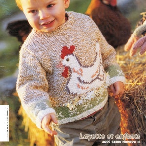 Pullover / Sweater &quot;Hen&quot; for Baby Toddler Boy - 12M, 2-4-6 years Farm Chickens Rooster - Vintage Knitting Pattern - PDF file only
