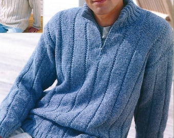 Aran 10-ply Knit Mens Sweater Round or Stand-up Neck with Zipper - 38-40-42-44-46-48 inches  - Vintage Knitting Pattern - PDF file only