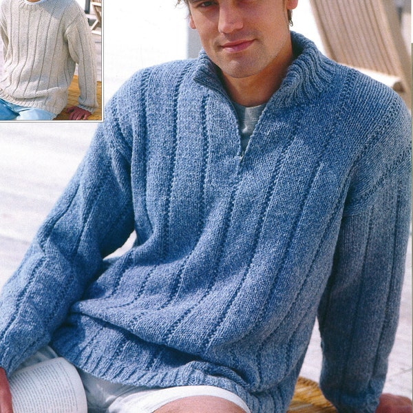 Knit Mens Sweater Round or Stand-up Neck with Zipper - 38-40-42-44-46-48 inches  - Vintage Knitting Pattern - PDF file only