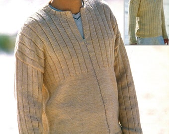 DK 8-ply Knit Mens Zippered Cardigan Rib All Over or Rib Yoke - 38-40-42-44-46-48 inches  - Vintage Knitting Pattern - PDF file only