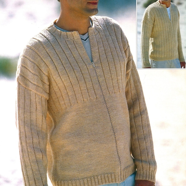 Knit Mens Zippered Cardigan Rib All Over or Rib Yoke - 38-40-42-44-46-48 inches  - Vintage Knitting Pattern - PDF file only